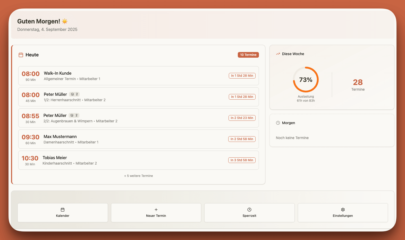 nauw Dashboard - Appointment booking interface showing daily schedule, client management, and analytics